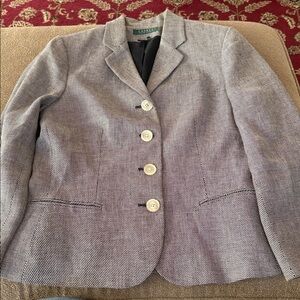 LAUREN Ralph Lauren 100% Linen Blazer White & Black Size 6 Lined (TD)